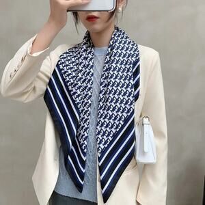 2/$30 NEW White Navy Square Printed Silky Fashion Scarf Geometric Circles Links